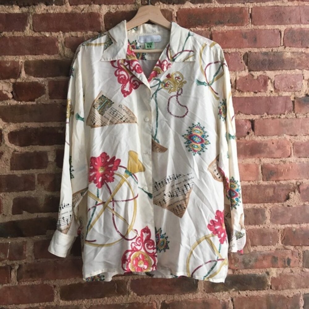 The Limited 100% Silk Blouse Music Button Up Vintage Size Medium
